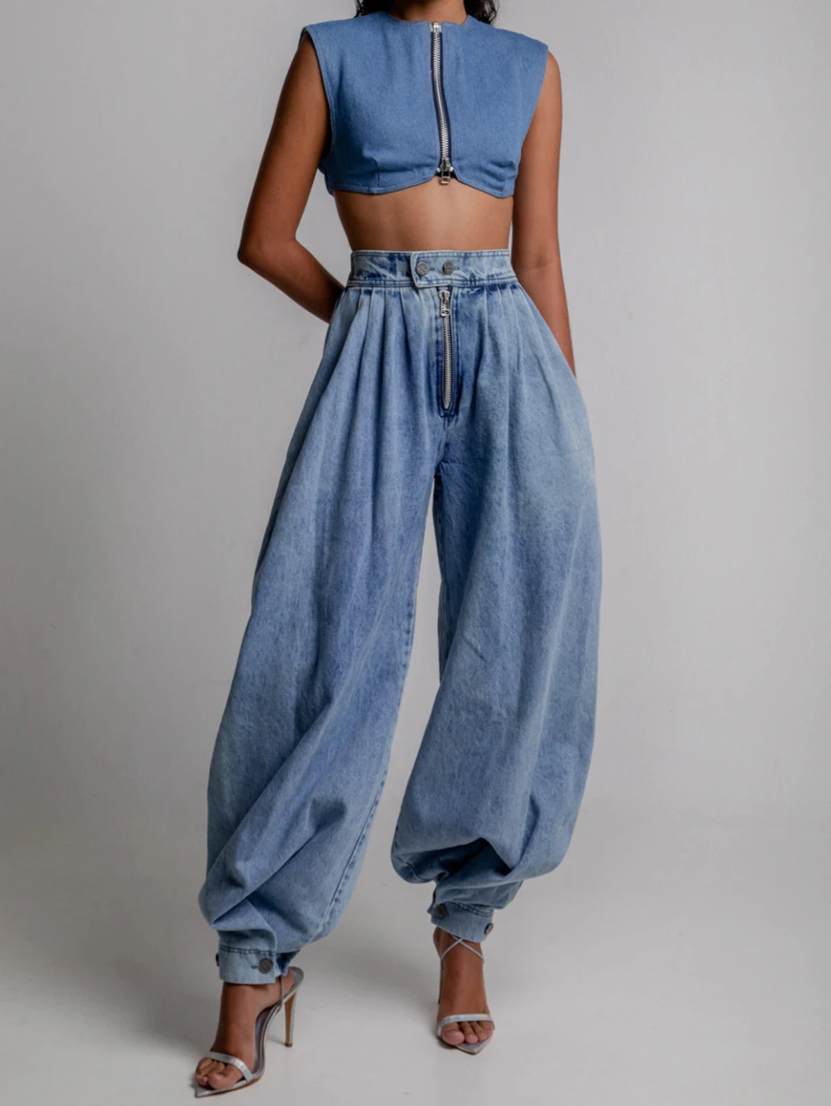 Women's Vintage Faux Denim Harem Pants Buttons And Zippers High Waist Loose Summer Fashionable Daily Casual  Balloon Long Pants