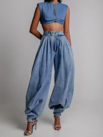 Women's Vintage Faux Denim Harem Pants Buttons And Zippers High Waist Loose Summer Fashionable Daily Casual  Balloon Long Pants
