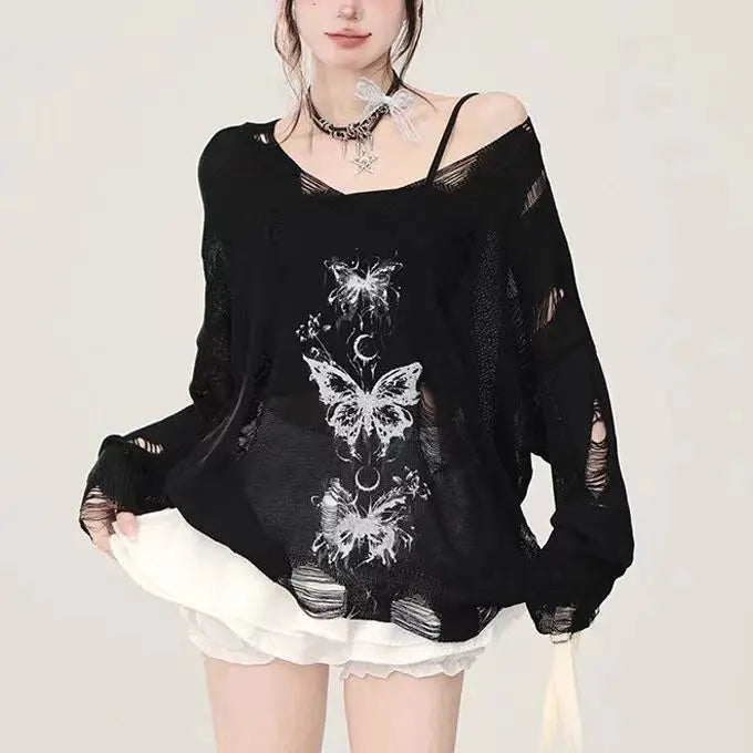 Sexy Graffiti Butterfly Hollow-out Knit Tops Summer Thin Sunscreen Cover Shirt Loose Casual Versatile Y2K Long Sleeve Blouses
