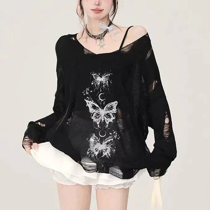 Sexy Graffiti Butterfly Hollow-out Knit Tops Summer Thin Sunscreen Cover Shirt Loose Casual Versatile Y2K Long Sleeve Blouses