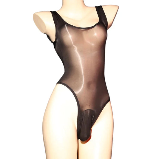 Full Transparent Bodysuits Gay Men Oils Shiny Smooth Jumpsuits Sissy Sheer Mesh Swimsuit Cross-dresser Glossy Erotic Lingerie