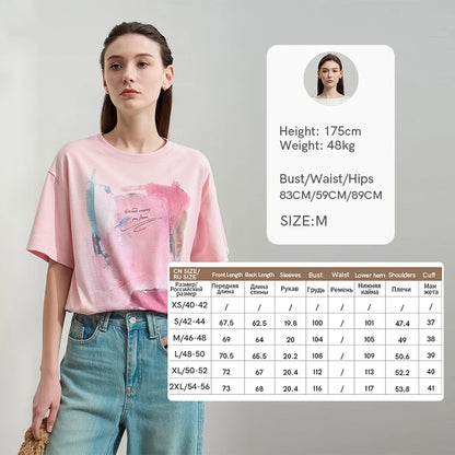Amii Women's T-Shirt 2026 Summer New Cotton O-Neck Drop Shoulder Tee Casual Printed Loose Short Sleeve Top For Women 12642030