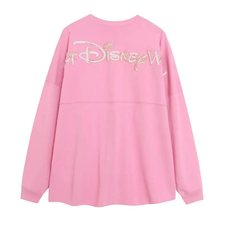 Disney World Letter Mickey Mouse Cartoon Print Embroidery Flares Pearl Pink Sweatshirt Sweet Women Long Sleeve Loose Jumper Tops