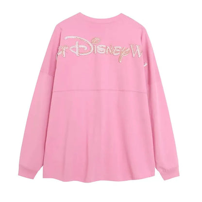 Disney World Letter Mickey Mouse Cartoon Print Embroidery Flares Pearl Pink Sweatshirt Sweet Women Long Sleeve Loose Jumper Tops