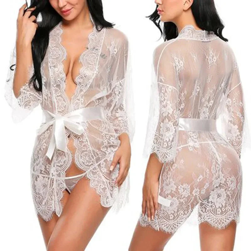 Women Sexy Lingerie Babydoll Erotic Transparent V-Neck Nightdress Robe G-string Costume Lace Sleepwear Dress