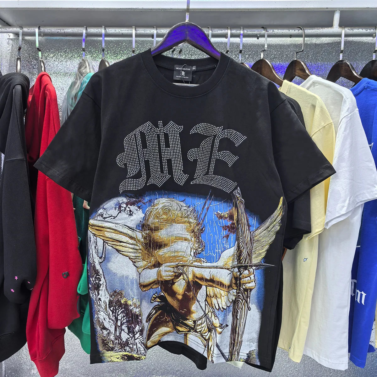 MIXED EMOTION Shirt Rhinestone Short Sleeve Men Women T-shirt Streetwear 100% Cotton Loose Round Neck Top Tees Oversized Tee Top
