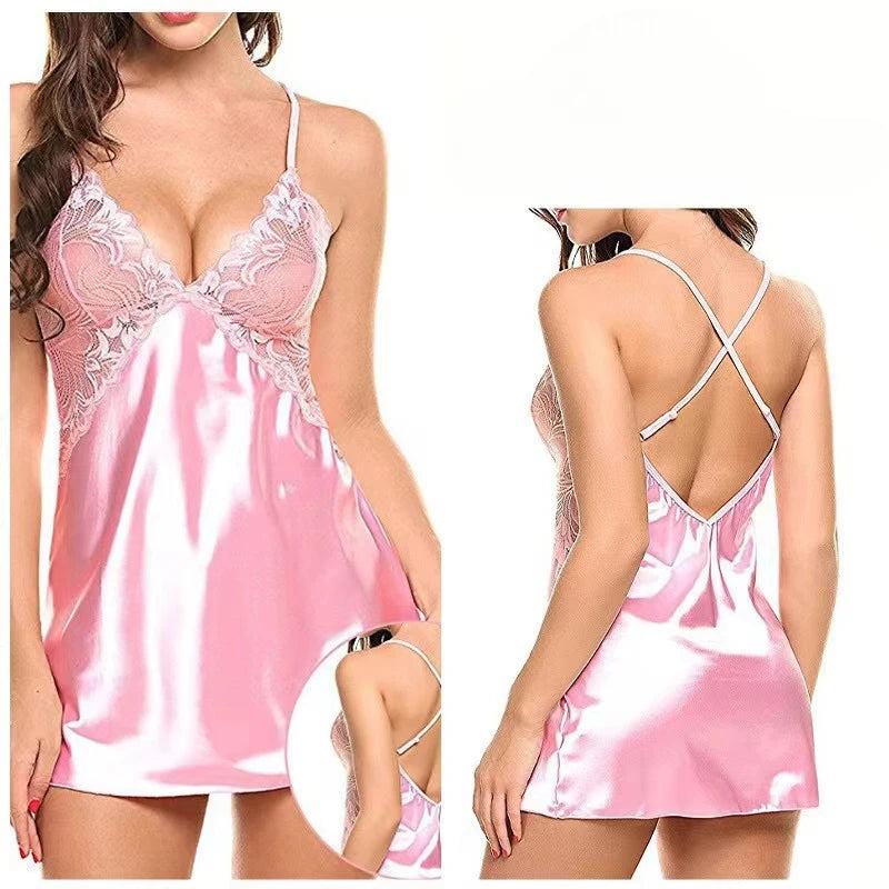 Hot Lingerie Porno Nightdress Sexy Sleepwear Large Size Night Dress Babydoll Women Satin Nightwear Erotic Lace Underwear Pajamas