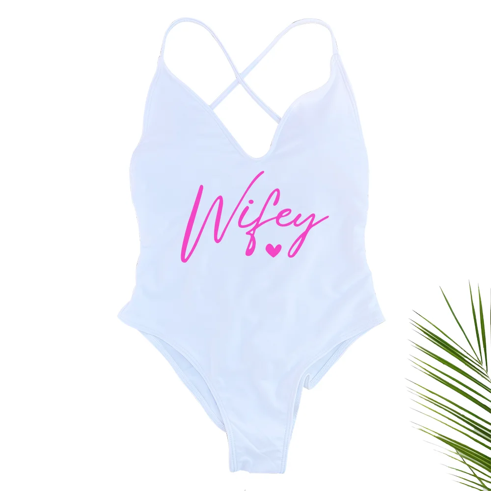 Sexy Padded Wifey One Piece Swimsuit bride Swimwear Women Backless Rose gold Bathing Suit Summer Beachwear monokini Thong