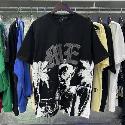 MIXED EMOTION Shirt Rhinestone Short Sleeve Men Women T-shirt Streetwear 100% Cotton Loose Round Neck Top Tees Oversized Tee Top