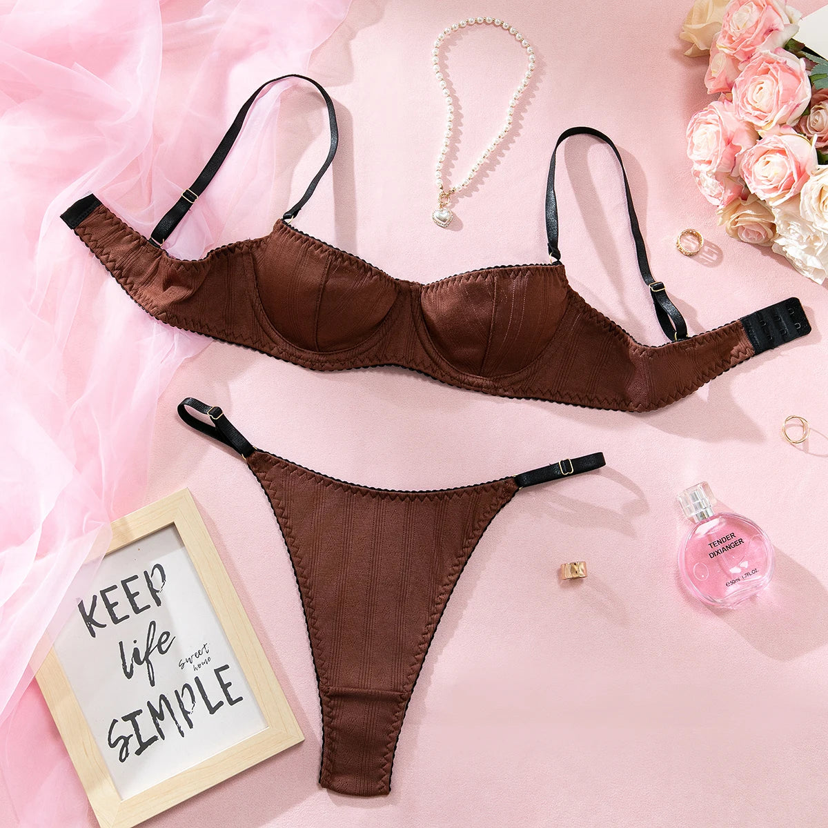 Light Blue Knitted Rayon 2Pcs Women's Lingerie Set Underwire Push-Up Bra Adjustable Thong Soft Breathable Sexy Daily Underwear