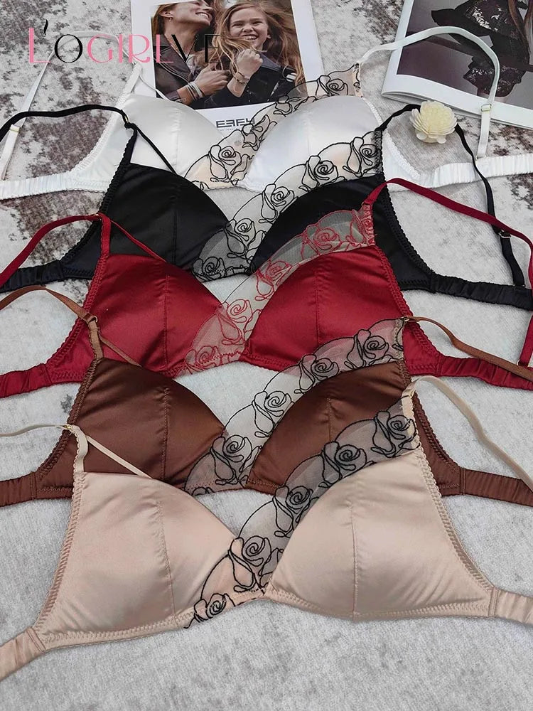 Women Underwear Set Sexy Silken Triangle Cup Wireless Bras French Bralette Seamless Intimates Bra and Thong Lingerie Set