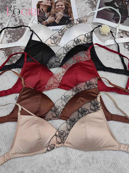 Women Underwear Set Sexy Silken Triangle Cup Wireless Bras French Bralette Seamless Intimates Bra and Thong Lingerie Set