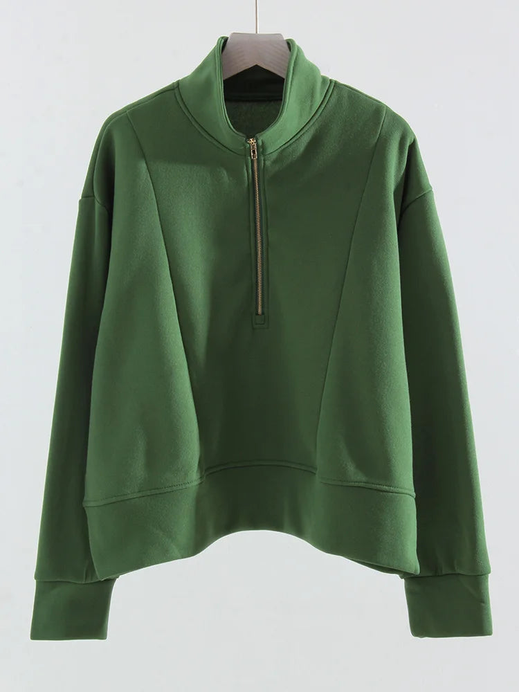 Winter Velvet Sweatshirt For Women With Half Zipper Coats Basic Green Oversize Warm Fleece Half Zip Up Sweatshirt Pullover Women