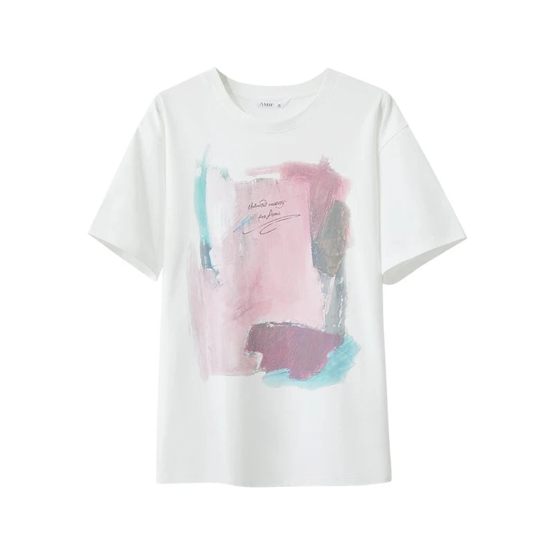 Amii Women's T-Shirt 2026 Summer New Cotton O-Neck Drop Shoulder Tee Casual Printed Loose Short Sleeve Top For Women 12642030