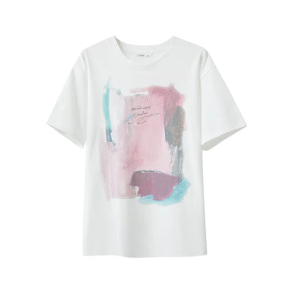 Amii Women's T-Shirt 2026 Summer New Cotton O-Neck Drop Shoulder Tee Casual Printed Loose Short Sleeve Top For Women 12642030