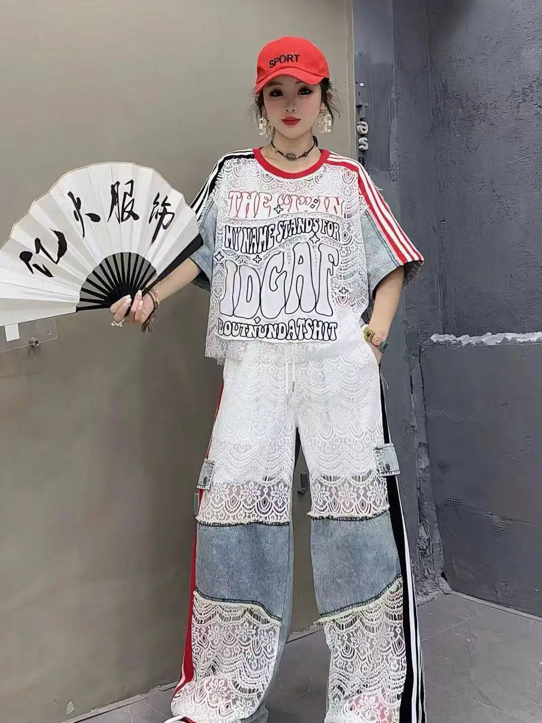Fashion Women Denim Splicing Printed Contrast Color Short Sleeve Loose LongCasual Streetwear Outfit top