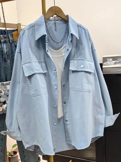 Loose Casual Denim Workwear Jacket Women's Spring Autumn New Version Large Size Shirt Lazy Minimalist Versatile Shirt