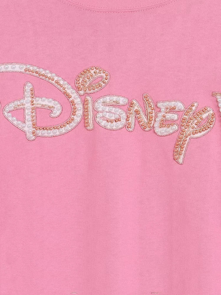 Disney World Letter Mickey Mouse Cartoon Print Embroidery Flares Pearl Pink Sweatshirt Sweet Women Long Sleeve Loose Jumper Tops
