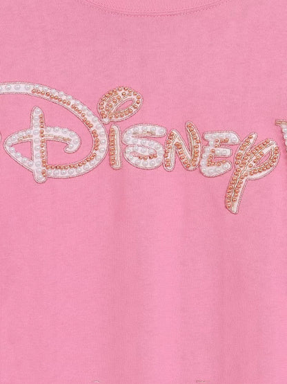 Disney World Letter Mickey Mouse Cartoon Print Embroidery Flares Pearl Pink Sweatshirt Sweet Women Long Sleeve Loose Jumper Tops