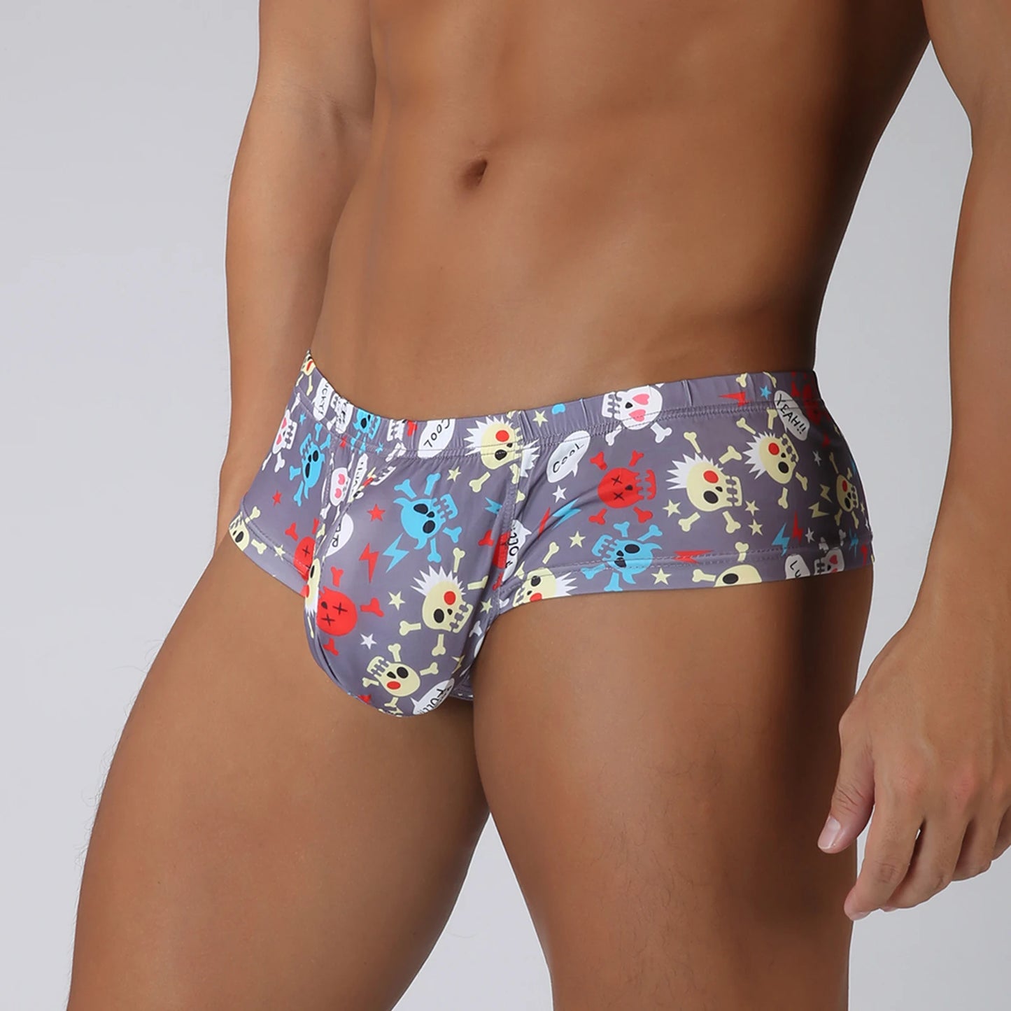 Men Penis Bag Jockstrap Lingerie Soft Hollow Sexy Breathable Boxer Brief Low Rise Skull Print U Pouch Underwear