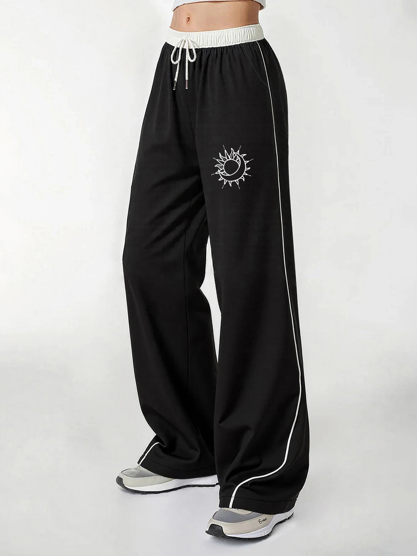 Women's Casual Pants, a Must-Have for Trendy Looks, Summer Cool and Unique Style, Sun and Moon Lines Printed with Contrasting Colors, Wide-Leg Casual Pants with White Lines on the Side, Loose and Comfortable Women's Casual Pa