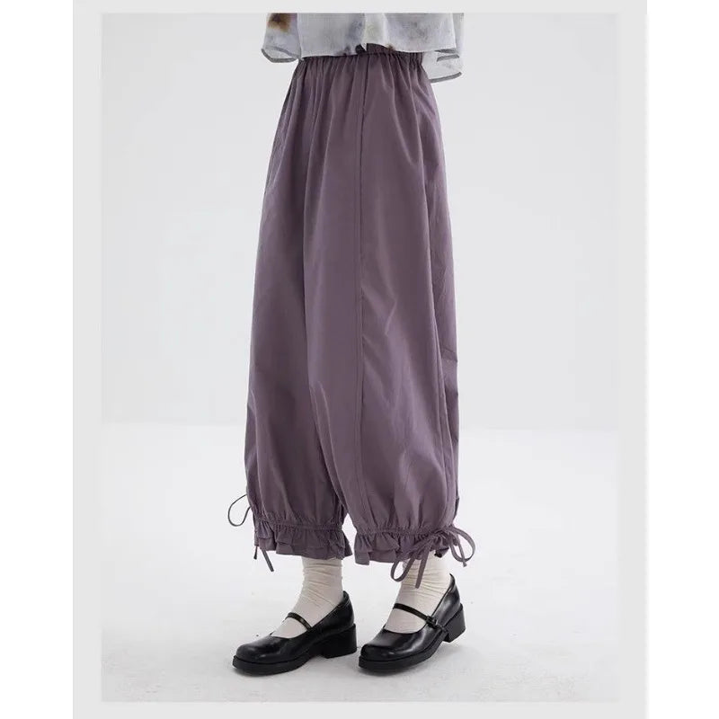 Women's Black High Waist Wide Leg Pants Drawstring Cuff Ruffled Casual Trousers