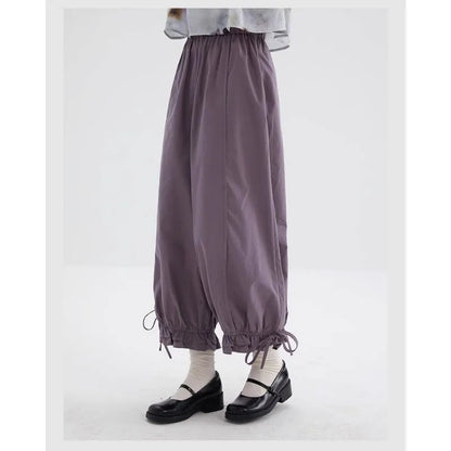 Women's Black High Waist Wide Leg Pants Drawstring Cuff Ruffled Casual Trousers