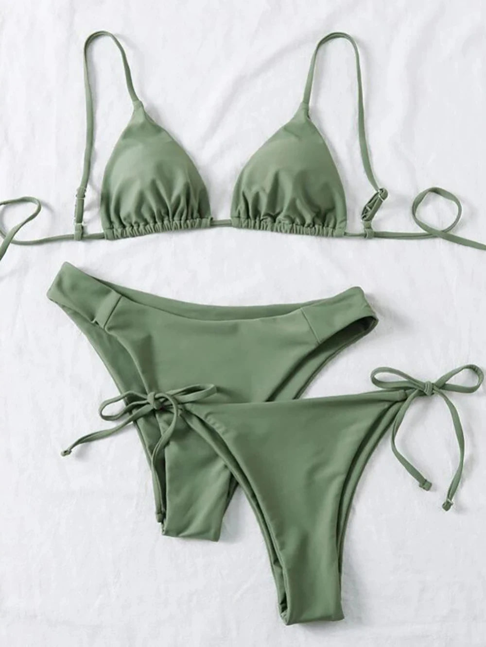 Sexy Solid 3 piece Bikini Set Women's Halter Lace Up Low Waist Swimsuit Triangle Thong Tie On Side Swimwear Brazilian Biquinis