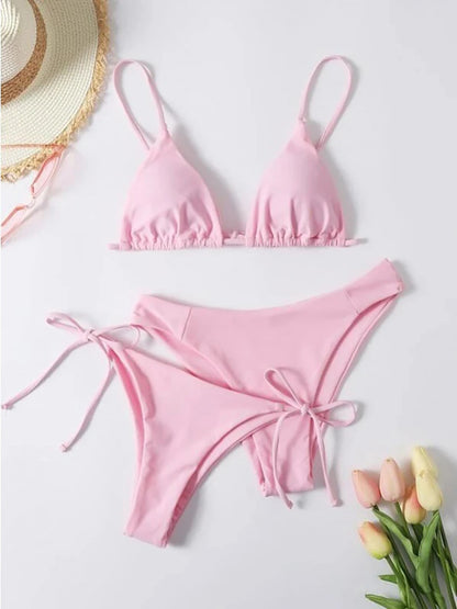 Sexy Solid 3 piece Bikini Set Women's Halter Lace Up Low Waist Swimsuit Triangle Thong Tie On Side Swimwear Brazilian Biquinis