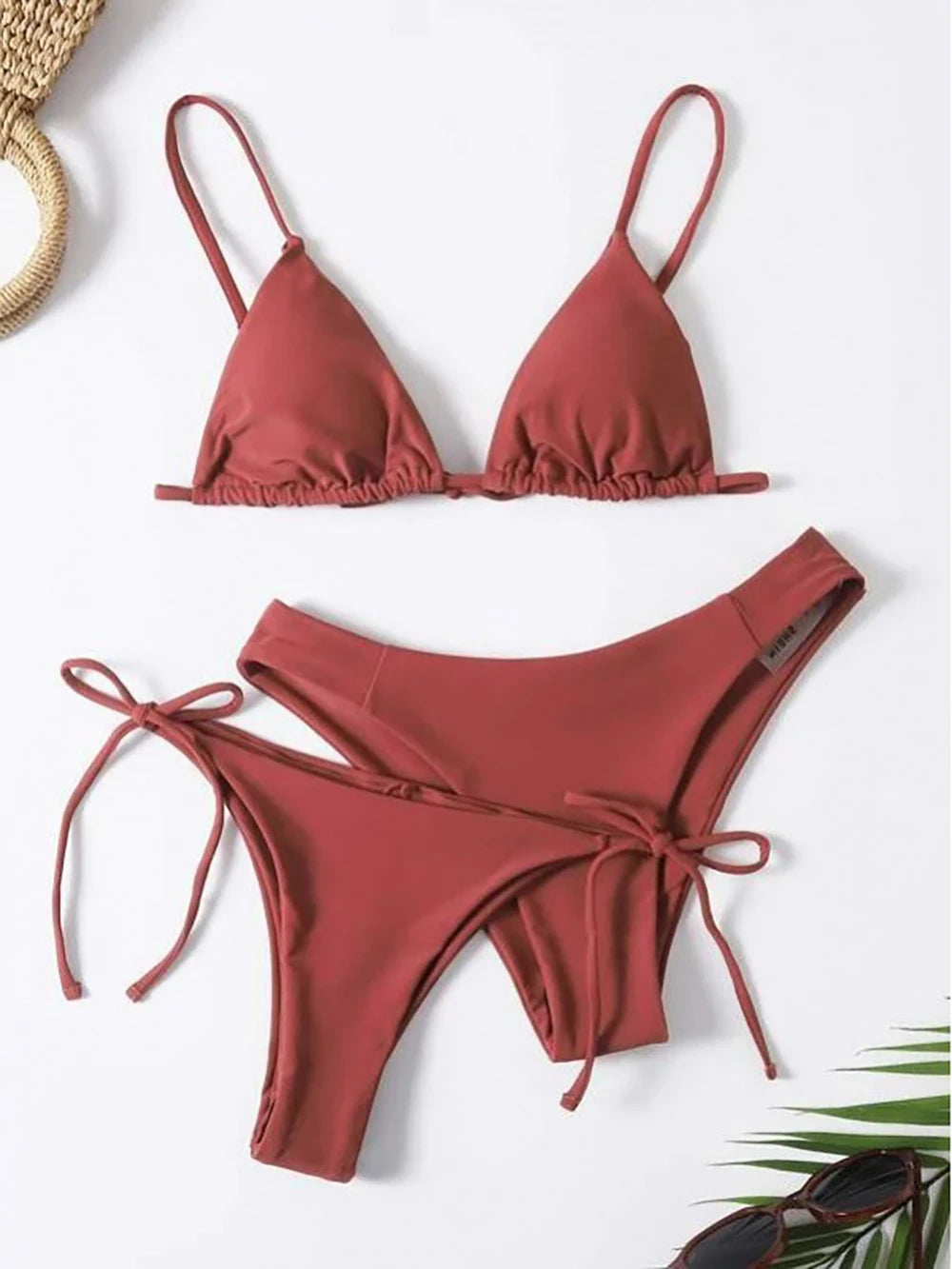 Sexy Solid 3 piece Bikini Set Women's Halter Lace Up Low Waist Swimsuit Triangle Thong Tie On Side Swimwear Brazilian Biquinis