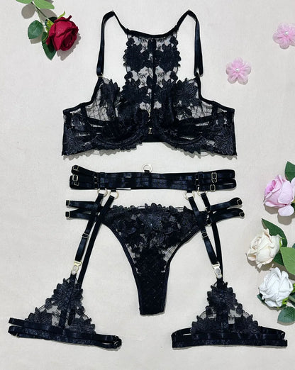 Bikini Fashion Complex Craft Embroidery Cross Strap Sexy Lingerie Push-Up Underwire Four-Piece Set