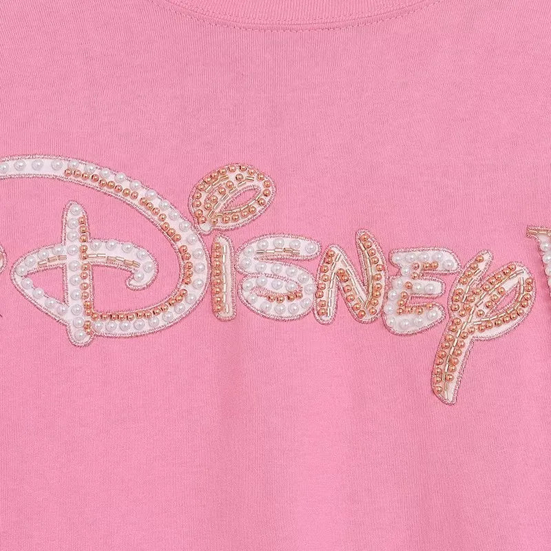 Disney World Letter Mickey Mouse Cartoon Print Embroidery Flares Pearl Pink Sweatshirt Sweet Women Long Sleeve Loose Jumper Tops