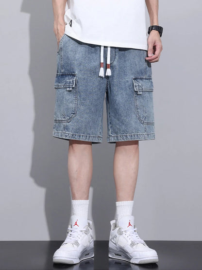 Summer Men's High Street Baggy Cargo Denim Shorts 2026 New Y2K Vintage Drawstring Jorts Hip Hop Fashion Blue Short Jean Pants