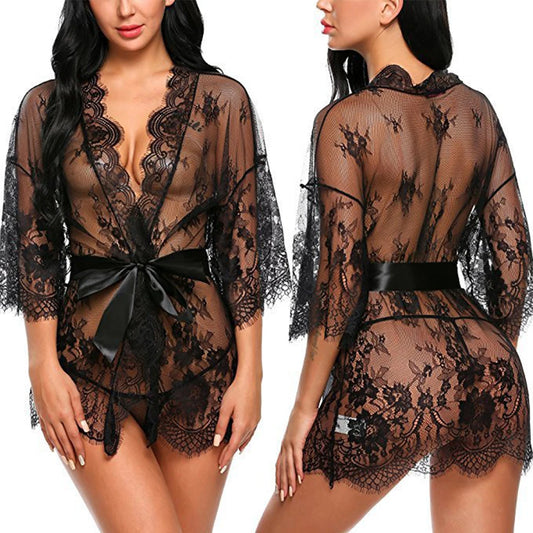 Women Sexy Lingerie Babydoll Erotic Transparent V-Neck Nightdress Robe G-string Costume Lace Sleepwear Dress