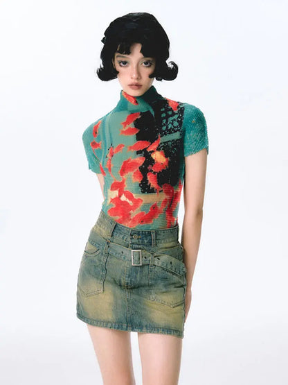 Kimotimo Harajuku Folds Goldfish Print T-shirt Women Summer Y2k Aesthetic Turtleneck Slim Crop Top Short Sleeve Ropa De Mujer