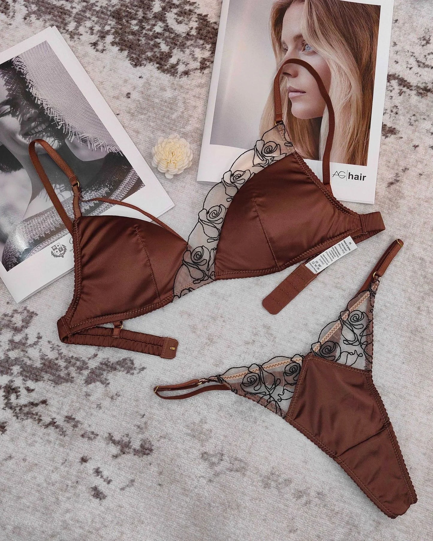 Women Underwear Set Sexy Silken Triangle Cup Wireless Bras French Bralette Seamless Intimates Bra and Thong Lingerie Set
