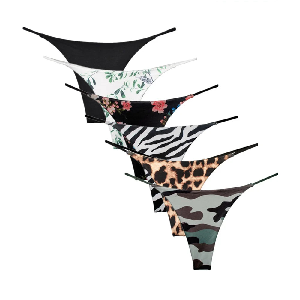 6PCS/Set Strap Thong Double Layer Cotton Panties for Women Plus Size Sexy Seamless Underwear Leopard/Camouflage G String