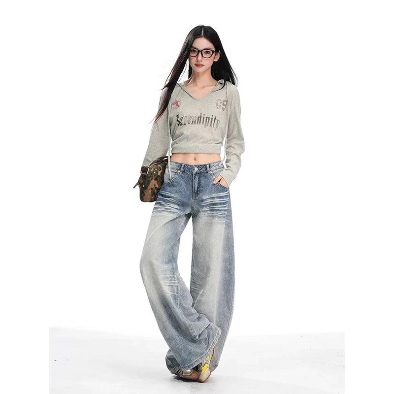 YIBASHU Summer Women's Denim Pants Y2K Baggy Wide Fit Jean Japanese Harajuku Grunge Stacked Jeans Kpop 2000s Punk Boyfriend New