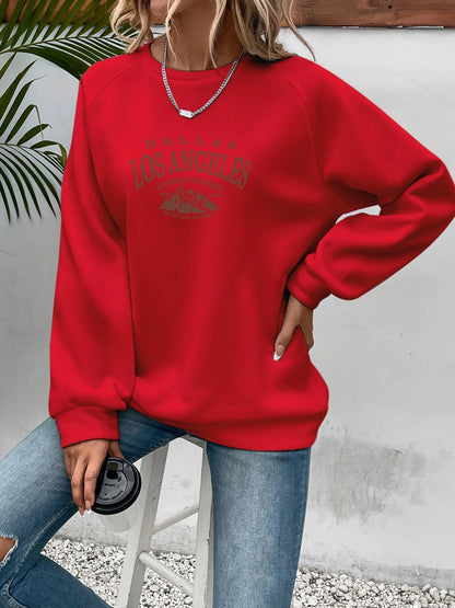 Women's autumn and winter casual wide pine mountain and letter pattern print warm and velvet long sleeved round neck sweatshirt