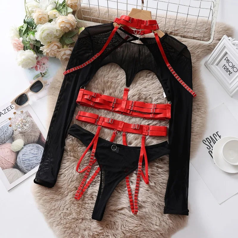 Tornova Sexy Lingerie Set for Women Strap Sexy Lingerie Mesh Splicing Hollow Sexy Lingerie 5-piece Set Halter Underwear Set New