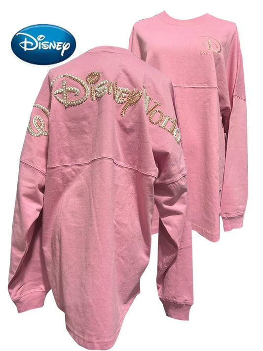 Disney Pink Disneyland Letter Embroidery Cartoon Sequins Pearl Cute Print Sweatshirt Glitter Women Jumper Fleece Pullover Unisex