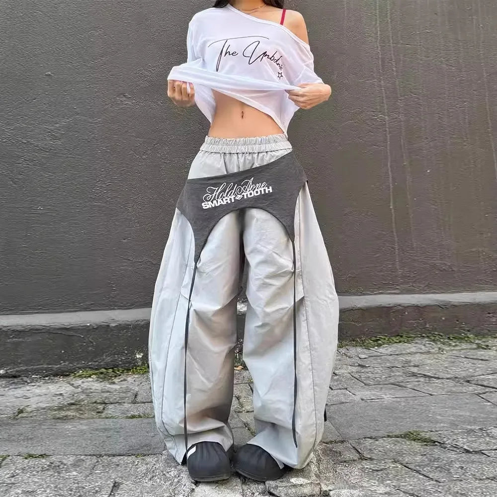 Women's Dance Y2K Style Pants Cross Layer Straps Design Casual Streetwear Wide Leg Cargo Pants For Hip Hop Dance Colorful