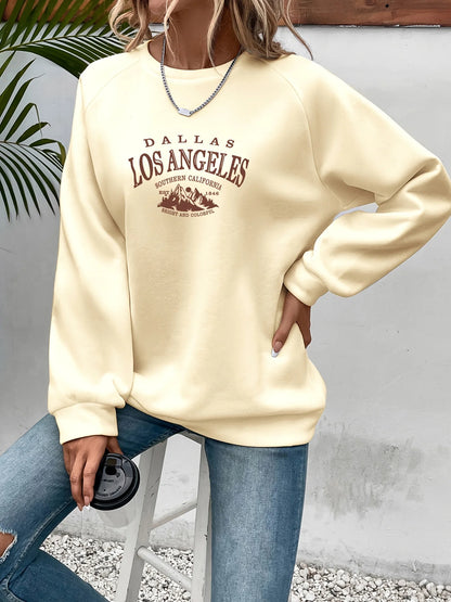 Women's autumn and winter casual wide pine mountain and letter pattern print warm and velvet long sleeved round neck sweatshirt
