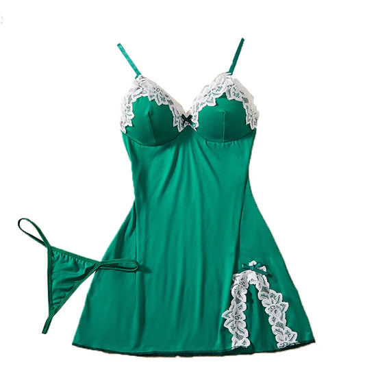New Green Sexy Strap Women's Bra Set Dress Temptation Ultra Short Split Skirt Sleep Dress Underwear Set Home Underwear Clothing