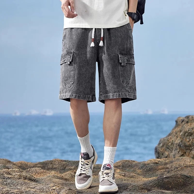 Summer Men's High Street Baggy Cargo Denim Shorts 2026 New Y2K Vintage Drawstring Jorts Hip Hop Fashion Blue Short Jean Pants