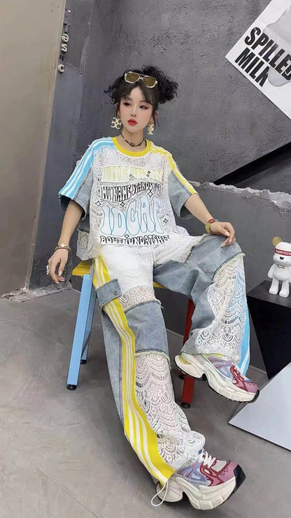 Fashion Women Denim Splicing Printed Contrast Color Short Sleeve Loose LongCasual Streetwear Outfit top