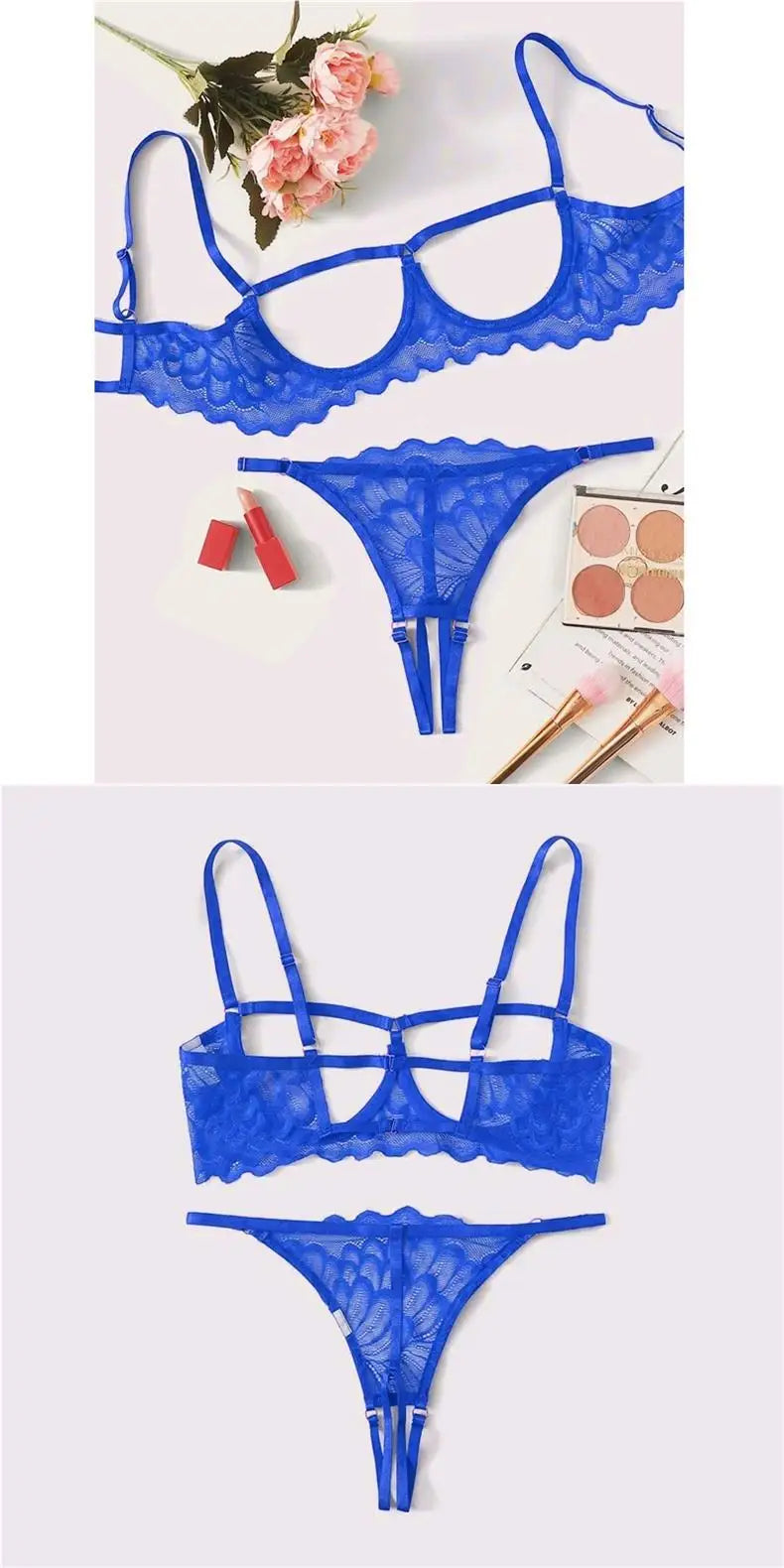 Toucheart 2-piece Set Showing Breasts Sexy Interesting Underwear Women Solid Color Mesh Hollow Out See-through Sexy Lingerie Set