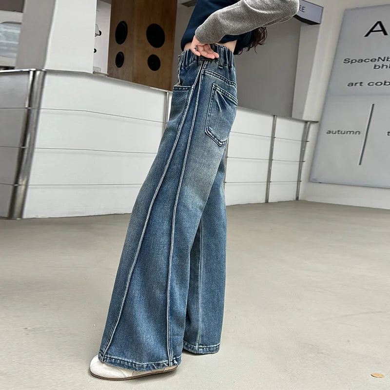 New Autumn Tween Girl Dark Blue Jeans Foldable Wide Leg Denim Pants Kids Child Spring High Waist Jeans Trousers Age 4 To 14 Y