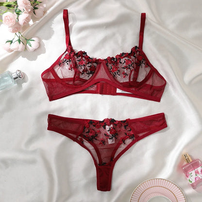 Embroidery Floral Ultra-thin Exquisite Transparent Women Underwear Bra Set