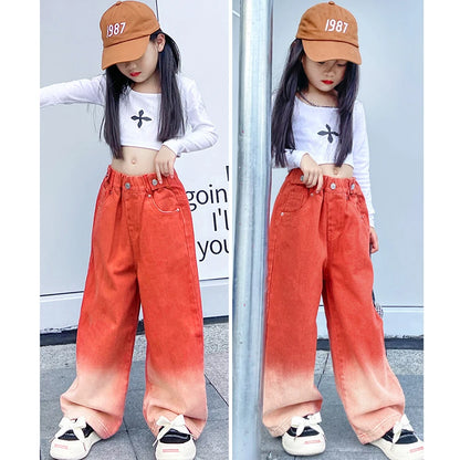 3-14Y Spring Autumn Girls Jeans Teen-agers Fashion Gradient Color Long Style Trousers For Kids Denim Wide Leg Pants